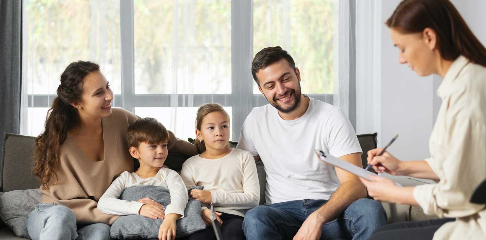 close up smiley family and therapist